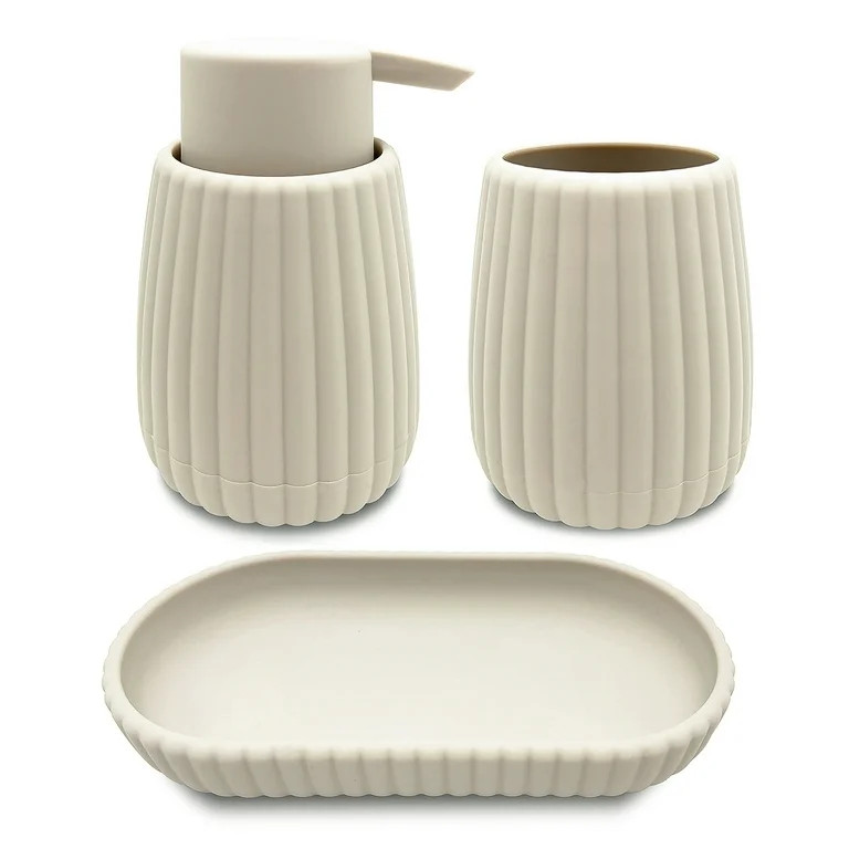 Mainstays Rubberized Plastic Ribbed 4-Piece Bath Accessories Set, Beige | Walmart (US)