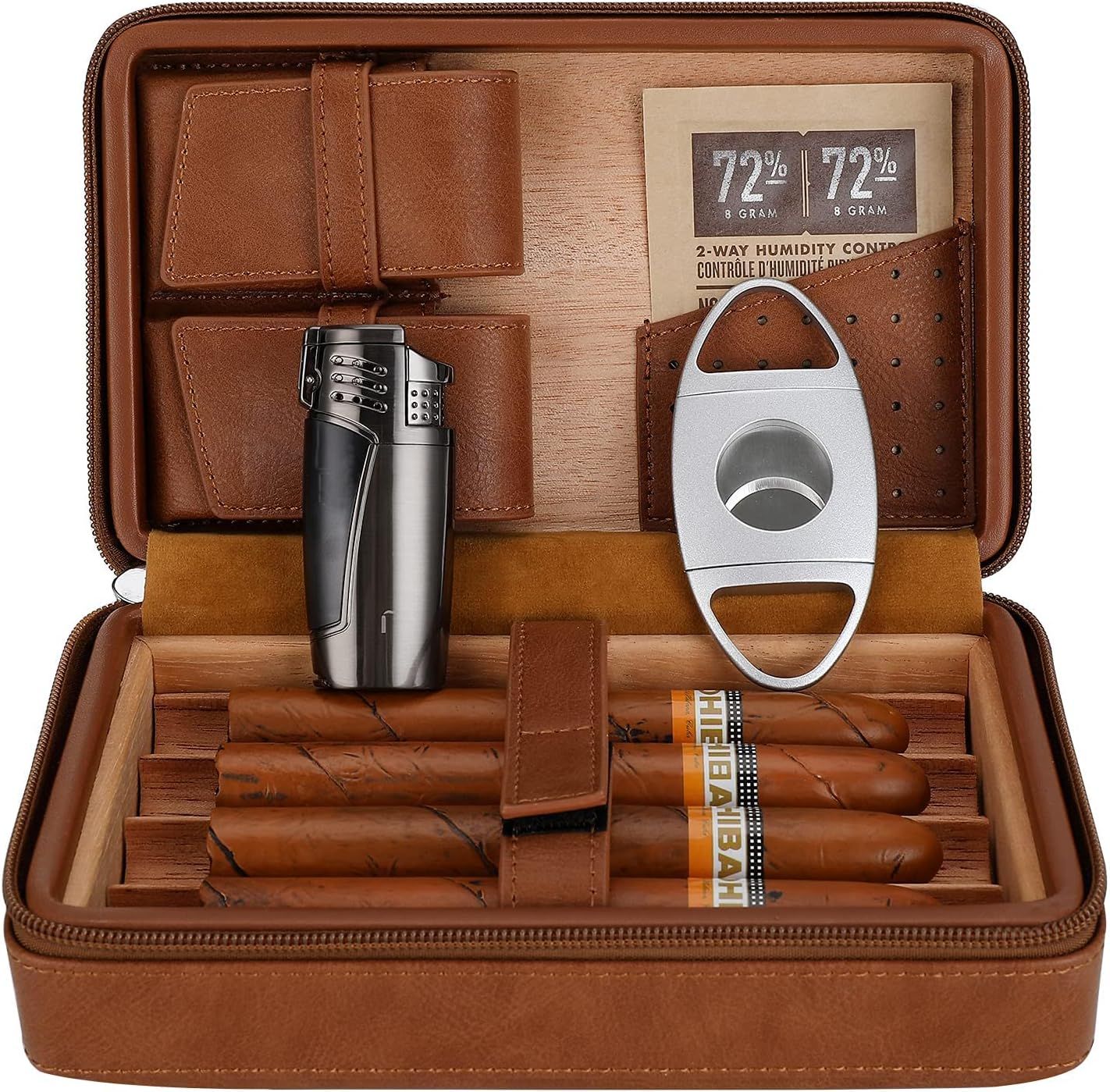 CiTree Cigar Travel Humidor, Cedar Wood Leather Cigar Case with Cigar Accessories Gift Set, Brown | Amazon (US)