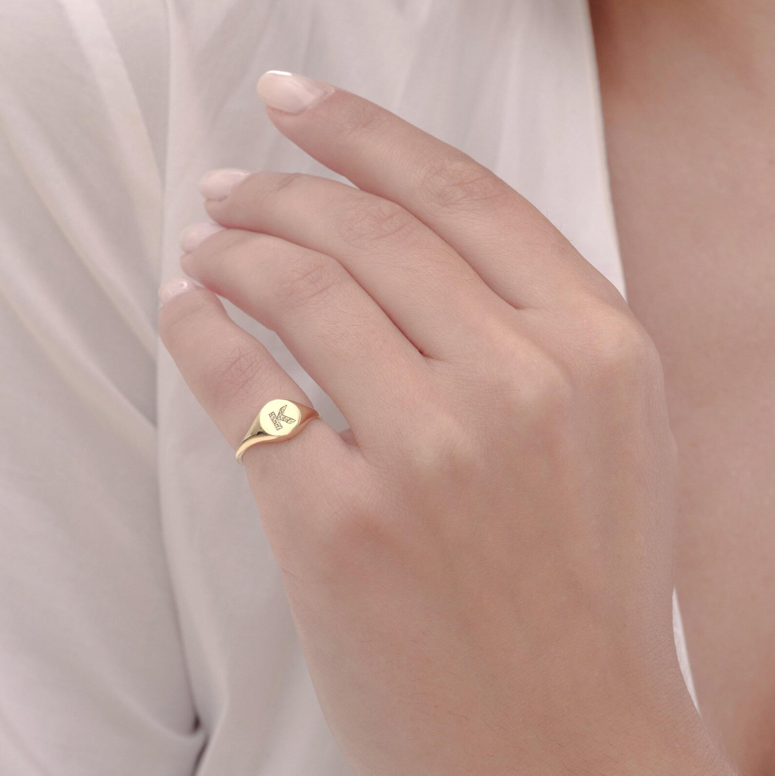 Dainty Diamond Initial Ring in Gold, Small Solid Gold Signet Ring With Diamonds, Any Letter Diamo... | Etsy (US)