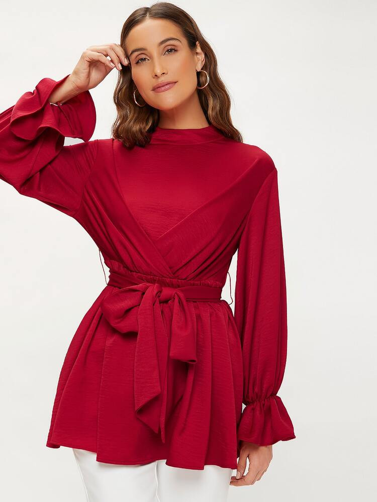 SHEIN Bell Sleeve Wrap Belted Peplum Top | SHEIN