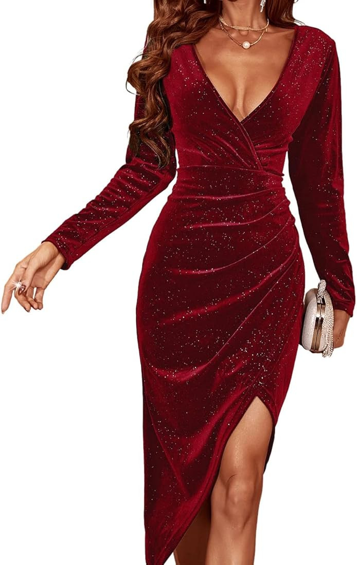 Dokuritu Wrap Dresses for Women 2022 Wedding Guest V Neck Long Sleeve Velvet Bodycon Asymmetric Spli | Amazon (US)