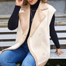 Plus Double Breasted Teddy Lined Vest Coat | SHEIN