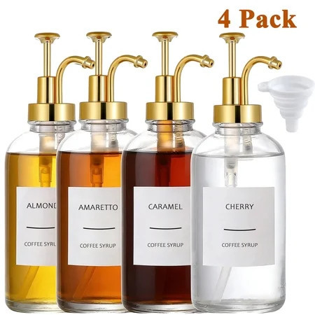 cyrico 4 Pack Coffee Syrup Dispenser, 16.9 oz/500 ml Glass Coffee Syrup Bottles with Gold Pump and Labels, Syrup Dispenser Bottles for Coffee Bar Accessories | Walmart (US)