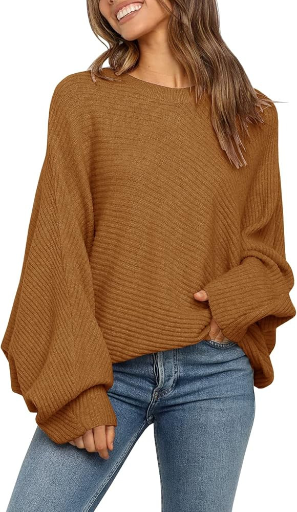 Mafulus Women's Oversized Crewneck Sweater Batwing Puff Long Sleeve Cable Slouchy Pullover Jumper To | Amazon (US)