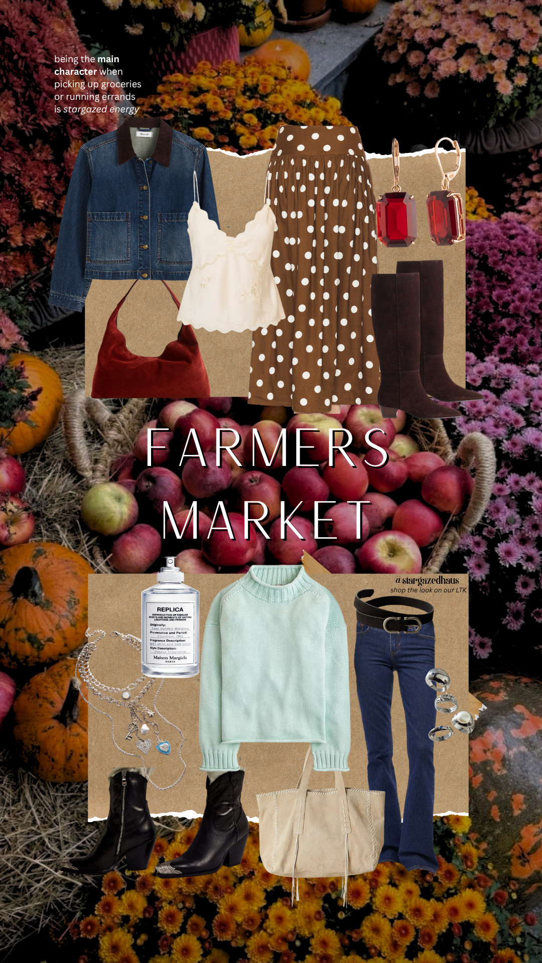 Farmers Market Outfit Edit 🍎

Being the main character while running errands or picking up groceries is stargazed energy.
Romantic layers, cozy knits, and timeless pieces you’ll wear all season long — all linked below.

Look 1:
– Madewell x Kaihara Denim Chore Jacket
– Abercrombie & Fitch Bella Tie-Front Cami
– MAJORELLE Dot Maxi Skirt in Brown & Ivory Dot
– Madewell Mylie Suede Shoulder Bag
– Madewell Lexie Tall Suede Boots
– Lauren Ralph Lauren Glass Stone Drop Earrings
– LoveShackFancy Evony Satin Crepe Top

Look 2:
– J.Crew 2025 Rollneck™ Sweater
– Abercrombie & Fitch Mid-Rise Bootcut Jean
– Free People Brayden Western Boots
– Free People Wren Whipstitch Tote
– Free People Pia Buckle Belt
– Free People Tate Layer Necklace
– Urban Outfitters Bea Pearl Ring Set
– Maison Margiela Replica “By the Fireplace” Perfume

✨ Shop the full edit on my LTK — styled for cozy weekends, slow mornings, and market strolls.

Hashtags:
#LTKFall #LTKStyle #LTKOutfitInspo #StargazedHaus #FallFashion #FarmersMarketOutfit #OOTD #MadewellStyle #FreePeopleStyle #AbercrombieStyle #RevolveFinds #QuietLuxuryStyle #RomanticAesthetic #FallWardrobe 

 #LTKHoliday #LTKSeasonal #LTKStyleTip