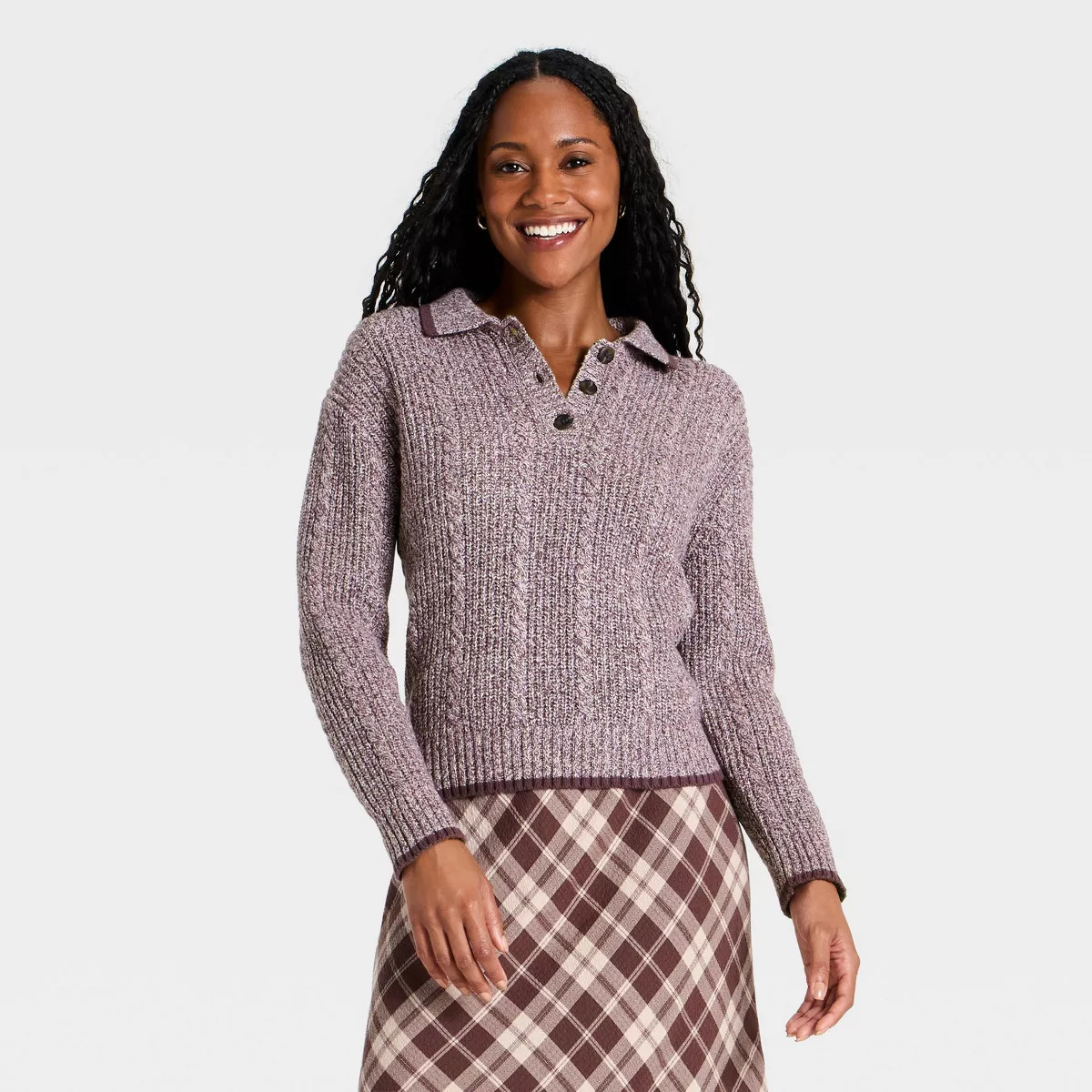 Women's Cable Collared Pullover Sweater - Universal Thread\u2122 Burgundy M | Target