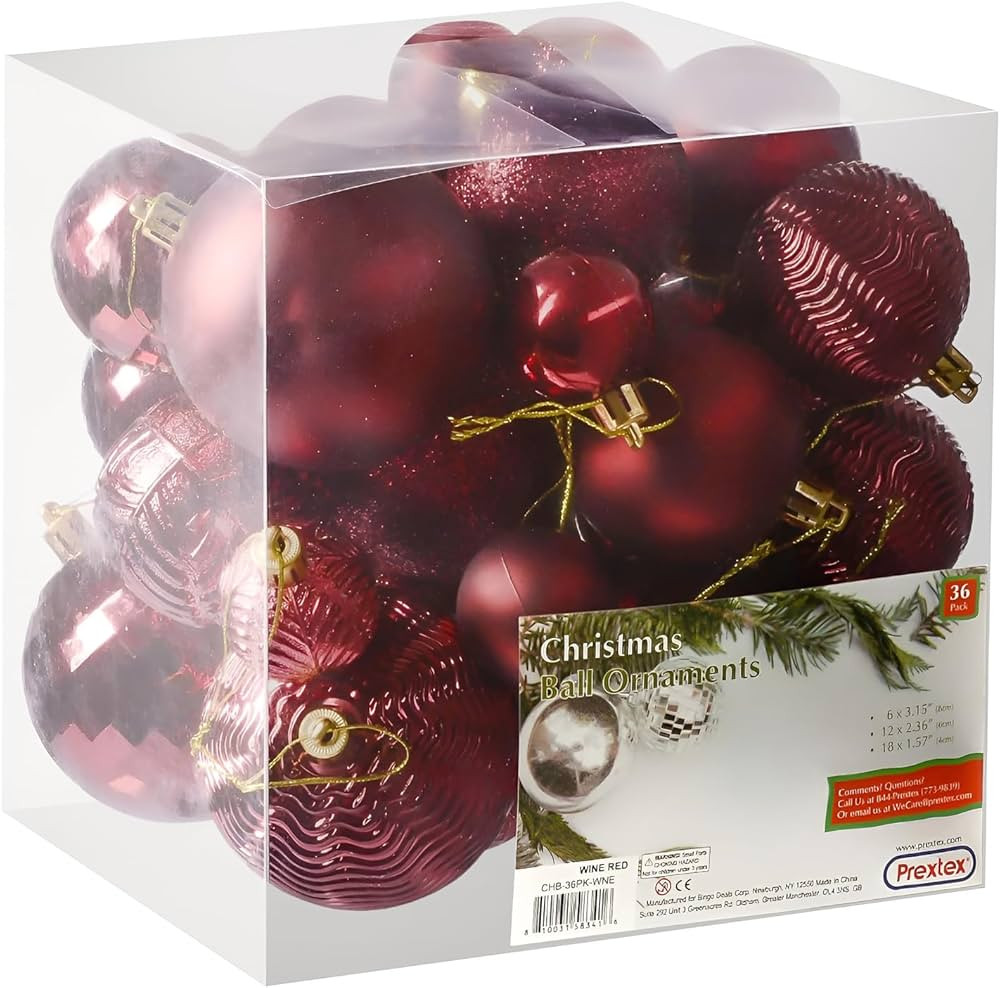 PREXTEX Wine Red Christmas Ornaments Set - 36 Shatterproof Wine Colored Ornaments for Christmas T... | Amazon (US)