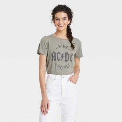 Women&#39;s AC/DC High Voltage Short Sleeve Graphic T-Shirt - Green M | Target