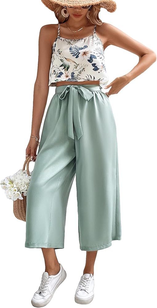Verdusa Women's Sleeveless 2 Piece Set Frenchy Floral Print Cami Top Belted Wide Leg Pants | Amazon (US)