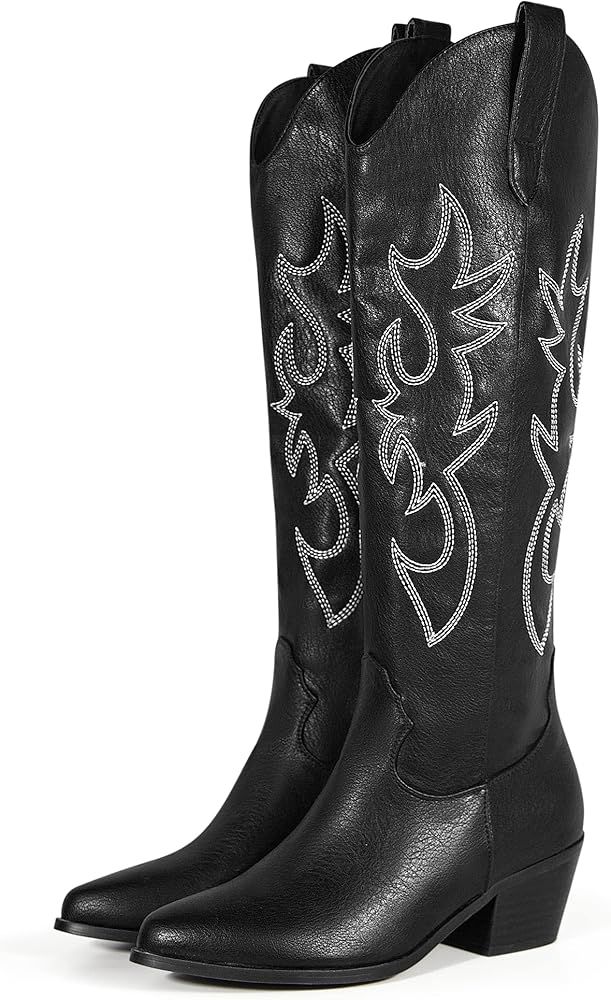 Ouepiano Cowboy Boots for Women, Classic Knee-High Cowgirl Boots with Leather Stitching Embroider... | Amazon (US)