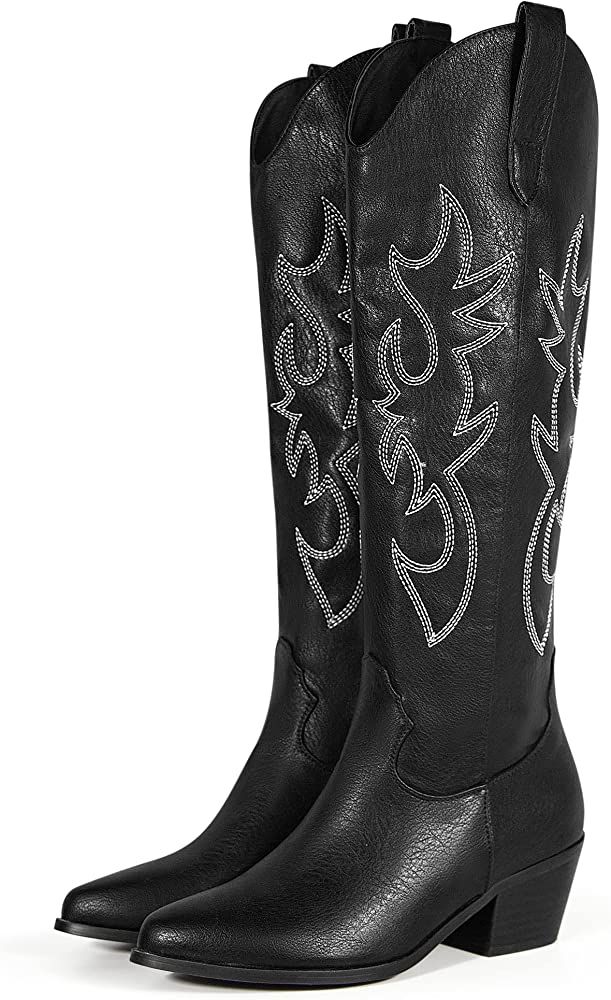 Ouepiano Cowboy Boots for Women, Classic Knee-High Cowgirl Boots with Leather Stitching Embroider... | Amazon (US)