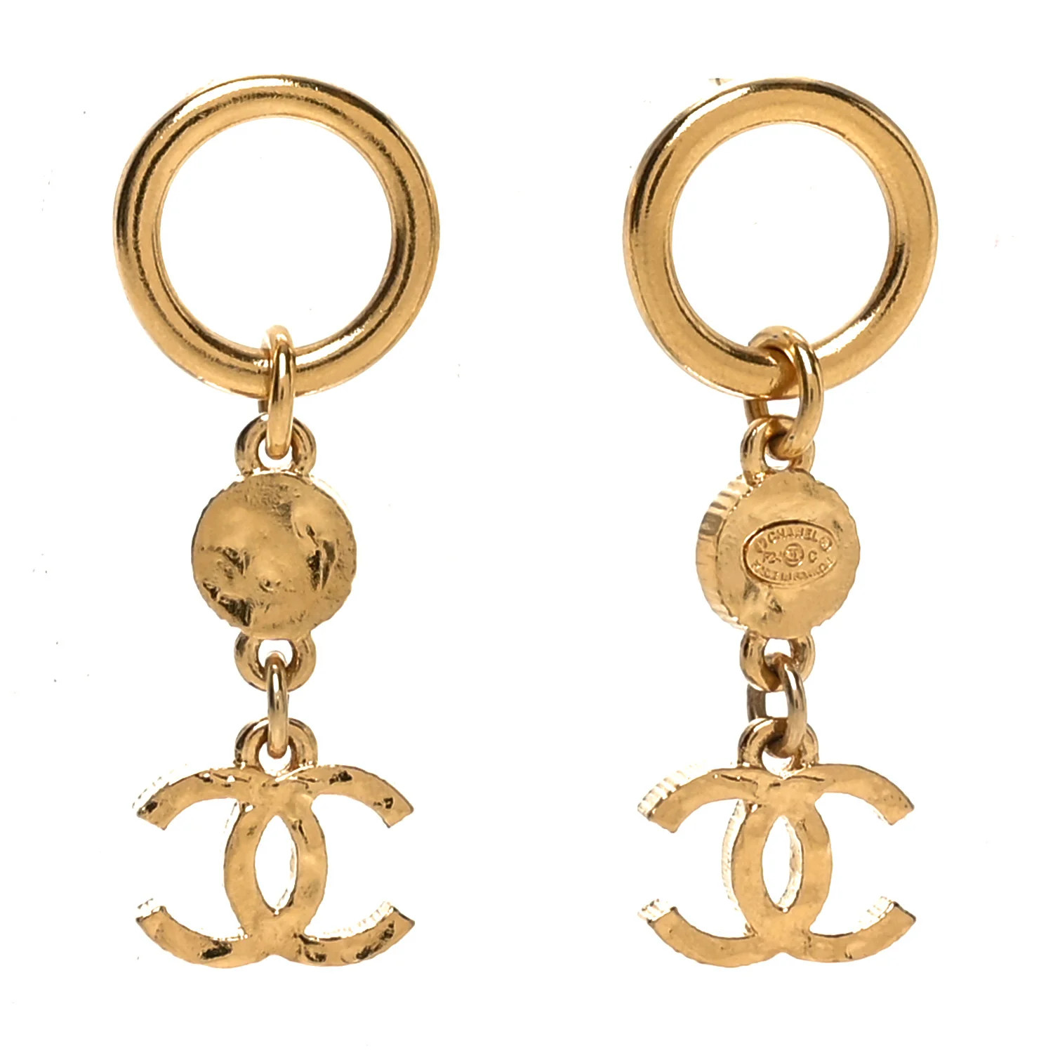 Chanel Metal Textured Disc CC Drop Earrings Gold 1753533 | FASHIONPHILE (US)