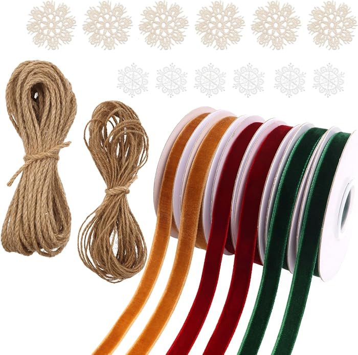 IDONGCAI Christmas Decoration Gift Wrapping Ribbon Set 3/8" Velvet Ribbons,Snowflakes,Jute Rope/H... | Amazon (US)