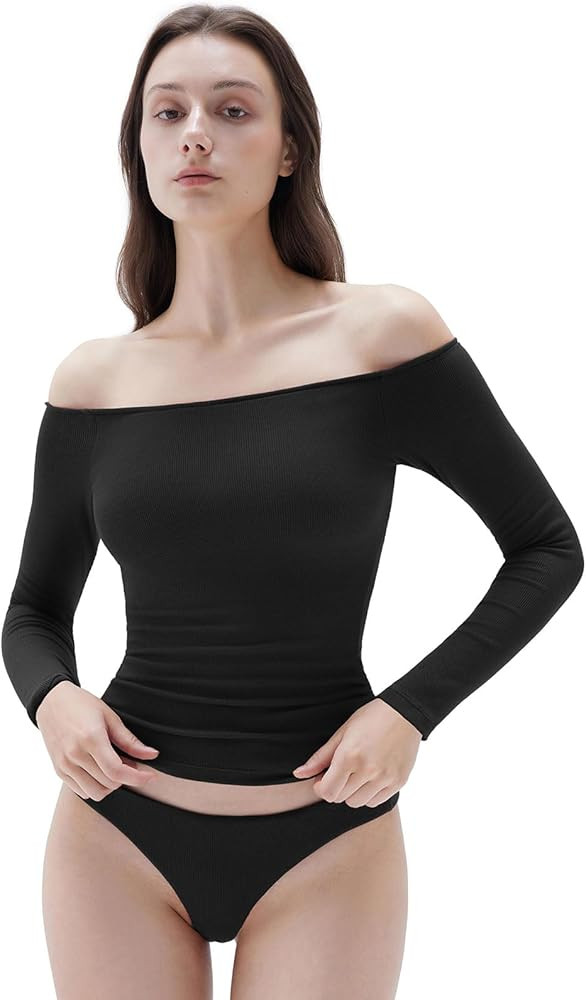 SUUKSESS Women Padded Off The Shoulder Tops Ribbed Long Sleeve Shirts Fall Basic | Amazon (US)
