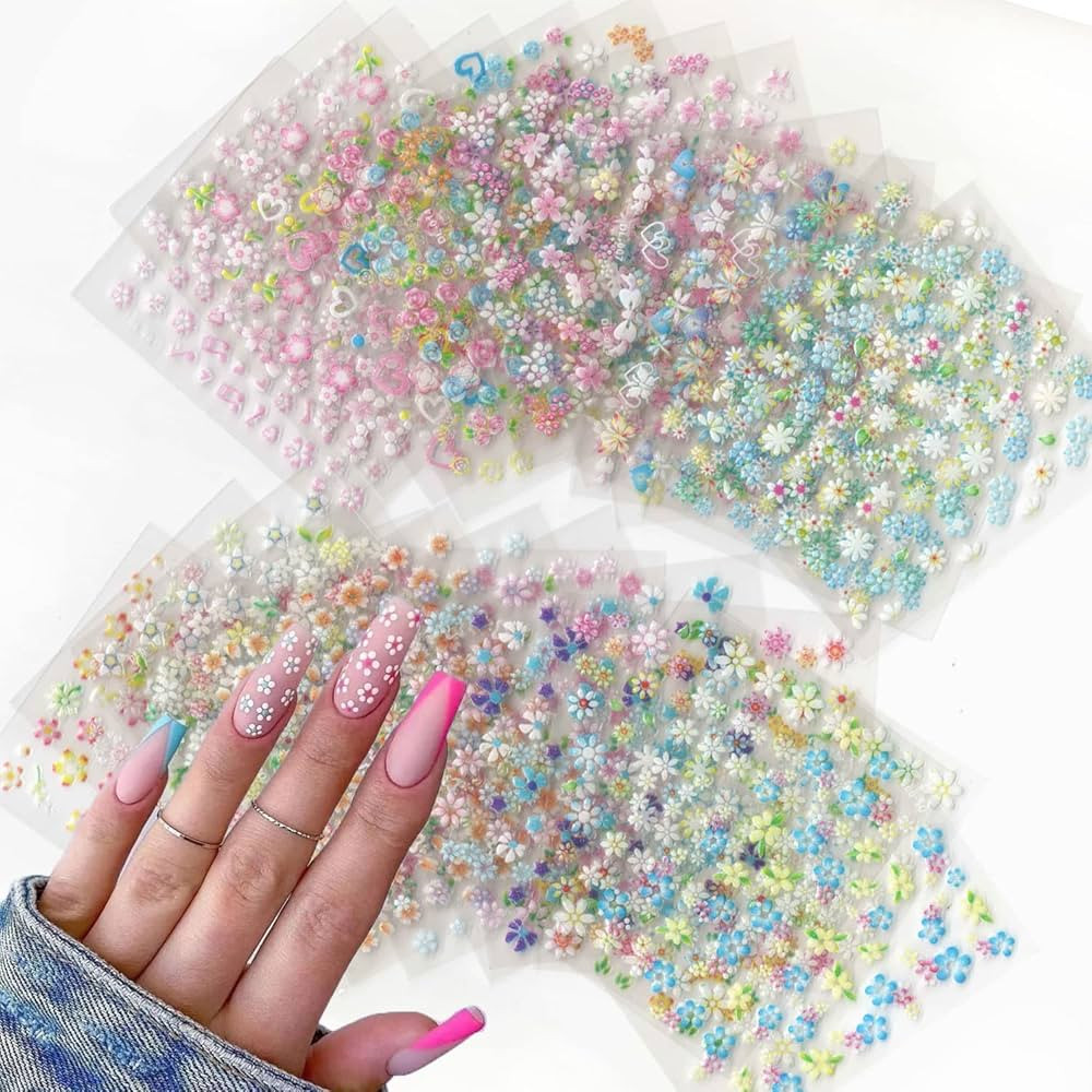 30 Sheets Nail Art Stickers Decals Flower Rose Daisy Cherry Blossoms 3D Self-Adhesive Nail Sticke... | Amazon (US)