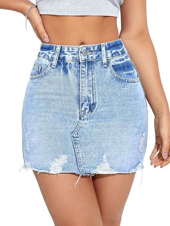 SweatyRocks Women's Casual Ripped Jean Skirt High Waist Raw Hem Mini Denim Skirts | Amazon (US)