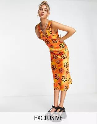 COLLUSION tie dye floral satin midi slip dress in orange print | ASOS (Global)