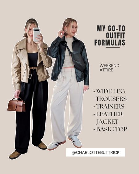 Casual Outfit formulas from my capsule wardrobe -what I wear on the weekend Wide leg trousersBasic topLeather jacketTrainers 

#LTKSeasonal #LTKstyletip #LTKfindsunder100