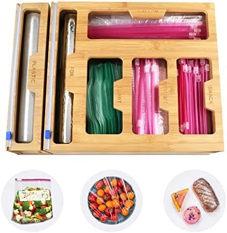 Bamboo Ziplock Bag Storage Organizer for Drawer, Foil and Plastic Wrap Dispenser with Cutter, Pla... | Amazon (US)