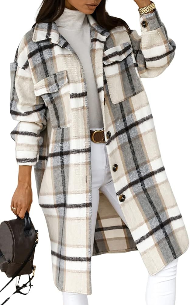 AMEBELLE Womens Fall long Flannel Plaid Grey Shacket Jacket Button UP Shirts Trench Coat | Amazon (US)