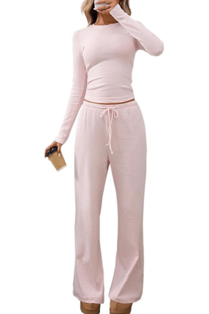 CHYRII Womens Two Piece Sets Fall Fashion Striped Long Sleeve Tops Wide Leg Palazzo Pants Outfits... | Amazon (US)