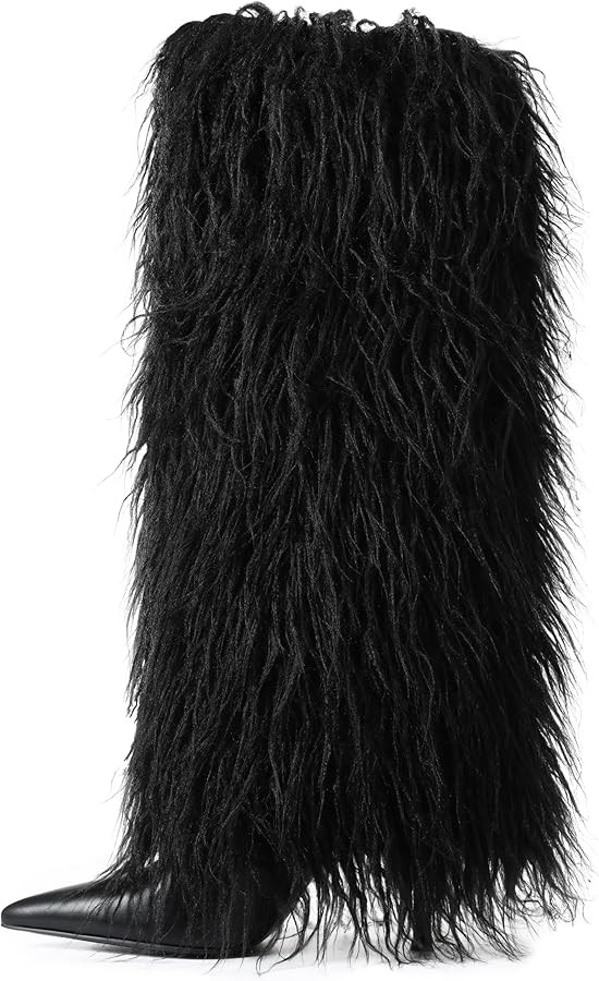 Kalstage Women Fur Knee High Boots Heels Wide Calf Fold Over Tall Boots for Party Evening Fashion... | Amazon (US)