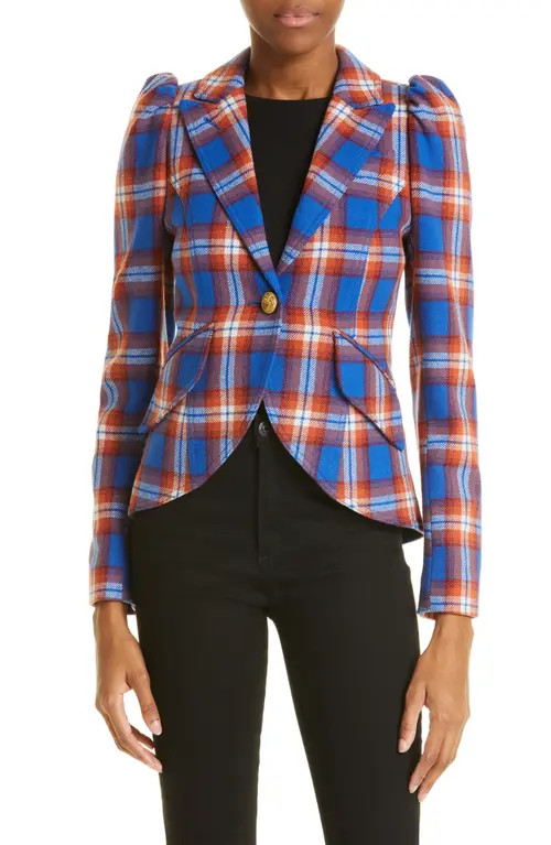 Smythe Pouf Puff Shoulder Plaid Blazer in Cobalt Plaid at Nordstrom, Size 6 | Nordstrom