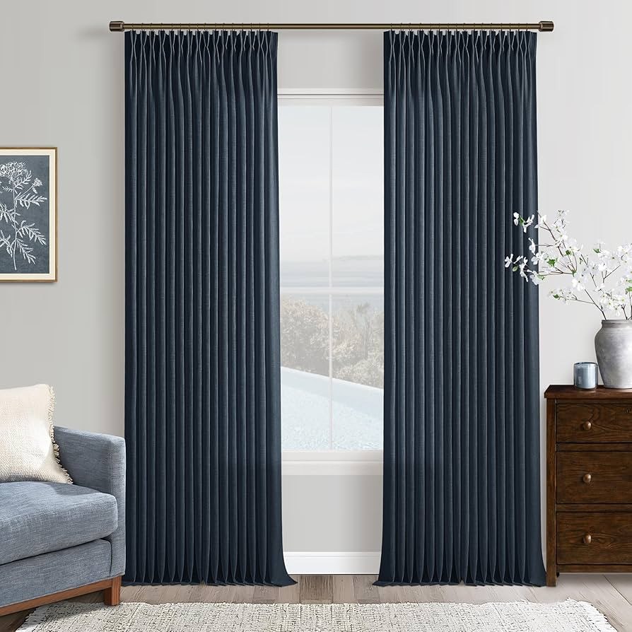 96 Inch Navy Pinch Pleated Linen Curtains 2 Panels Set for Living Room Bedroom Modern Memory Trai... | Amazon (US)