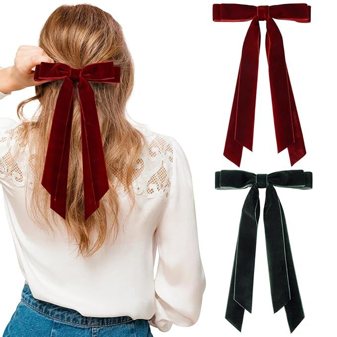 2PCS Velvet Hair Bows Ribbon Hair Clip Wine Red Green Accessories Ponytail Holder Accessories Sli... | Amazon (US)