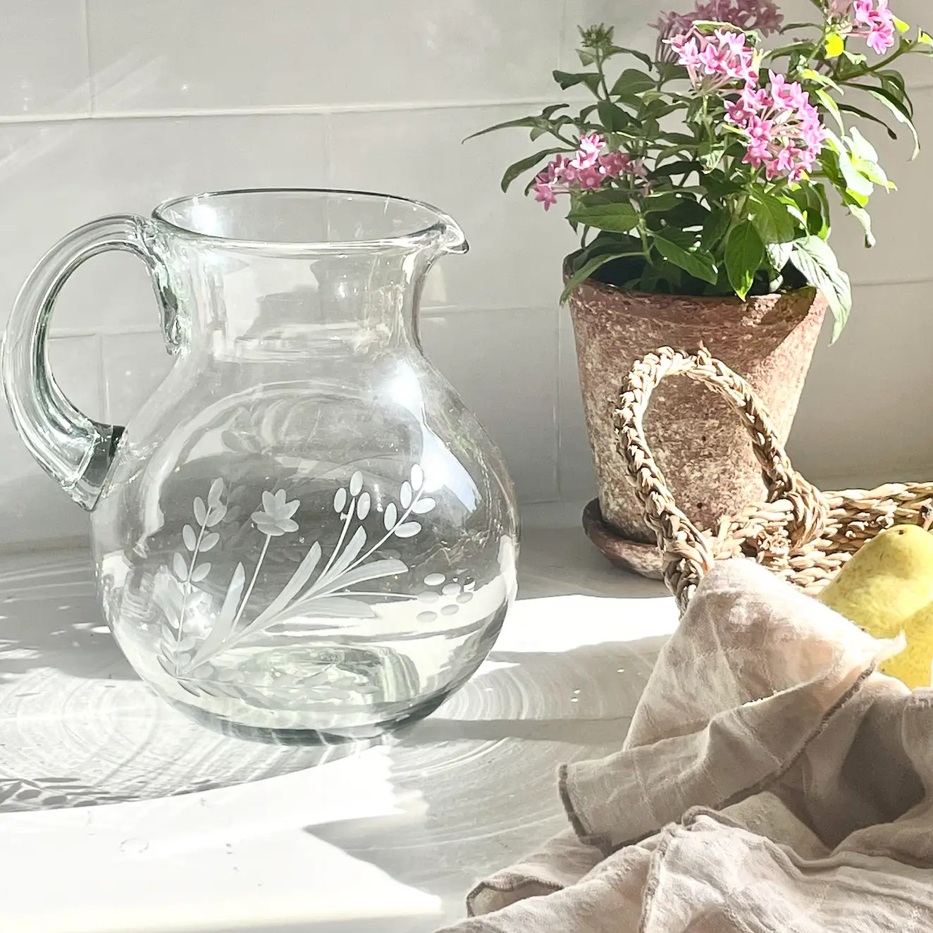 Etched Floral Glass Pitcher | Cottage and Key