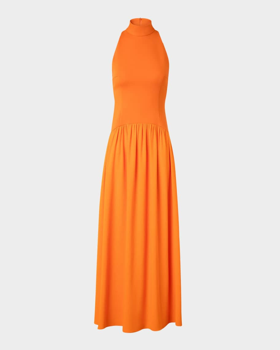 Akris punto Mixed-Media Jersey Halter Seersucker Pleated Skirt Dress | Neiman Marcus