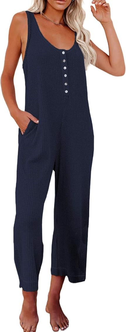Happy Sailed Women's Casual Sleeveless Front Button Loose Jumpsuits Stretchy Long Pants Romper wi... | Amazon (US)