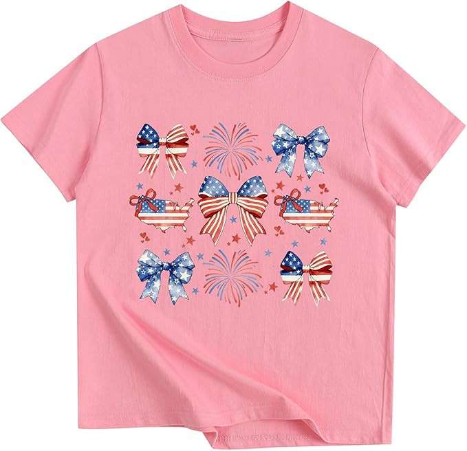 American Flag Shirts for Girls 4th of July Bow Patriotic Tshirts Cotton Short Sleeve Tees 3-13 Ye... | Amazon (US)