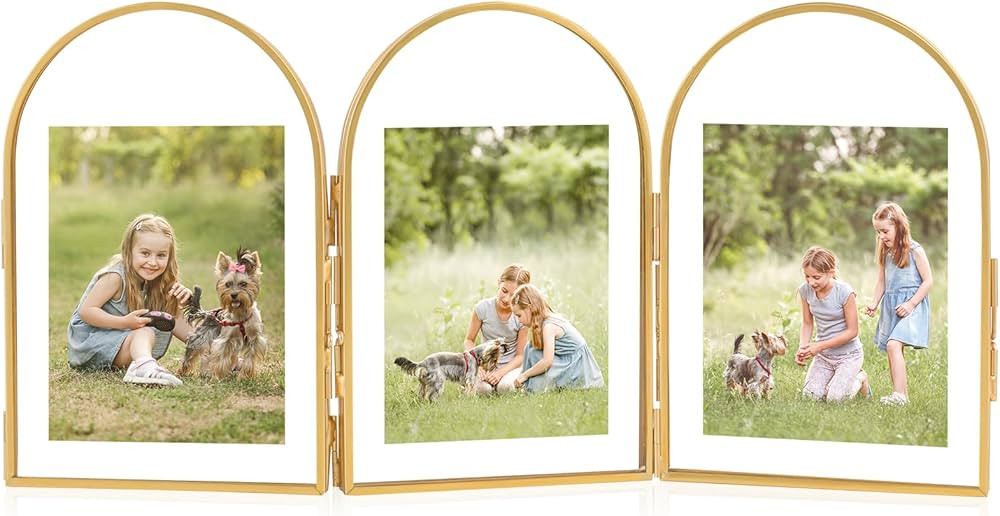 Gold Floating Frame, Arched 4x6 Triple Gold Folding Picture Frames, Vintage Brass Glass Picture F... | Amazon (US)