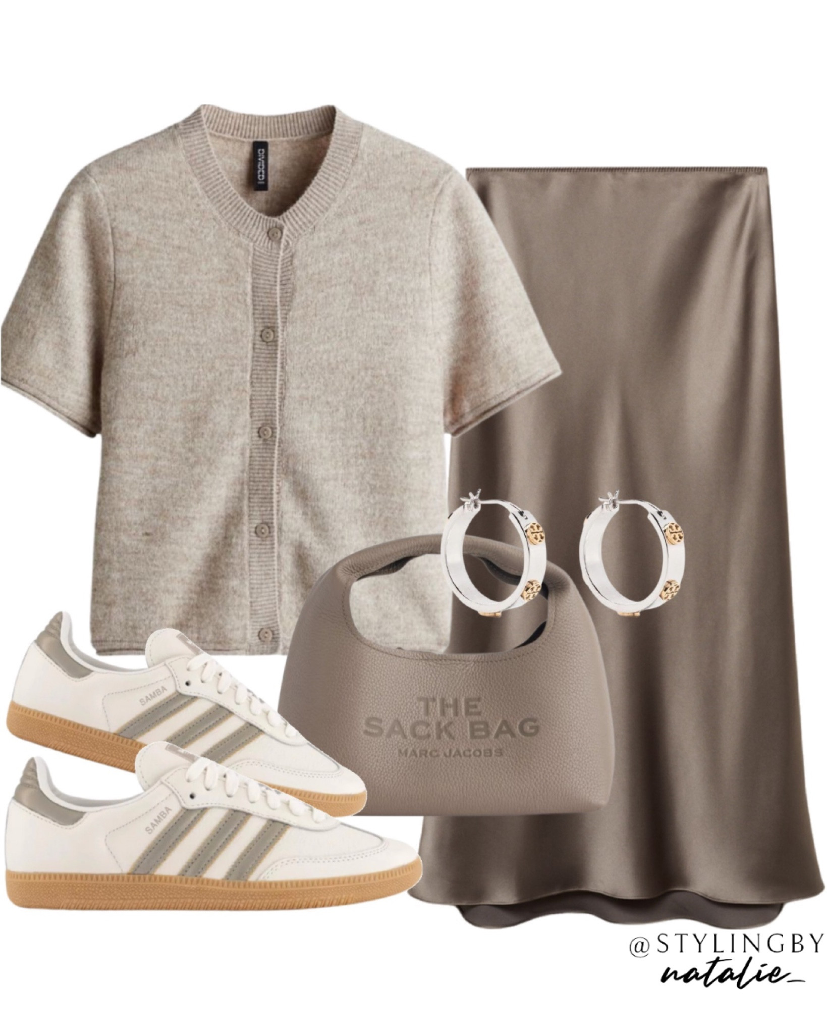 Beige short sleeve knit cardigan, satin maxi skirt, adidas samba trainers, Marc jacobs tote bag, hoop earrings. 
Casual outfit, tonal outfit, beige outfit, autumn outfit, sneakers, work wear.

#LTKworkwear #LTKautumn #LTKstyletip