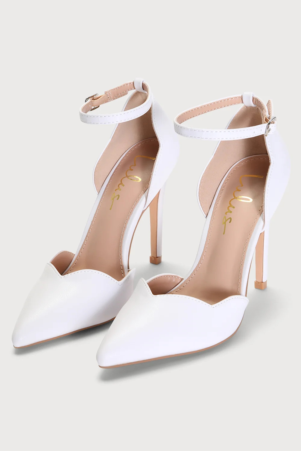 Kimo White Scalloped Pointed-Toe Ankle Strap Pumps | Lulus (US)