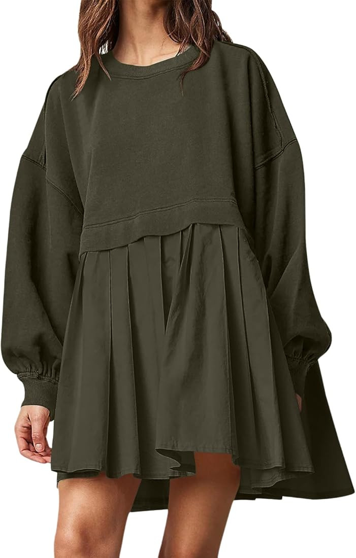 ANKICK Womens Oversized Sweatshirt Dress Casual Crewneck Long Sleeve Pullover Tops Pleated Patchw... | Amazon (US)