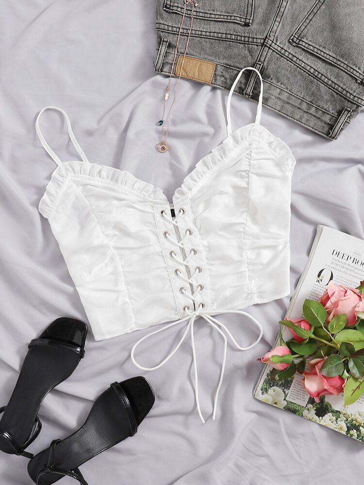 Lace Up Front Shirred Crop Cami Top | SHEIN
