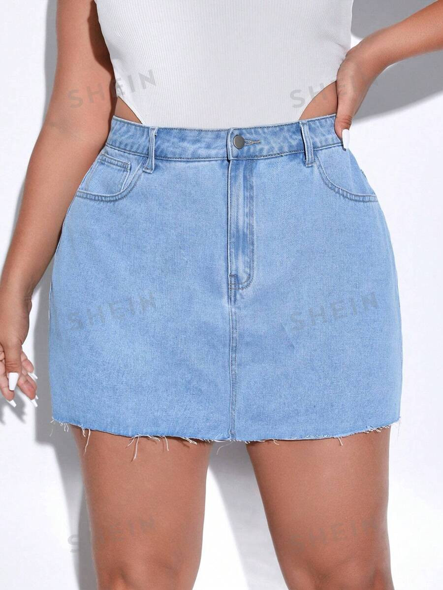 SHEIN EZwear Plus High Waist Raw Cut Denim Skirt | SHEIN