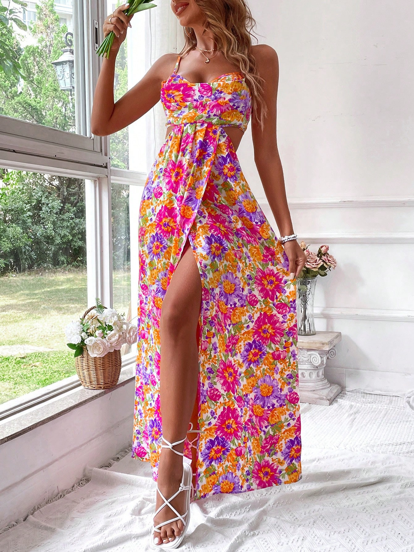 SHEIN VCAY Women's Vacation Full Flower Print Cami Long Summer Dress | SHEIN