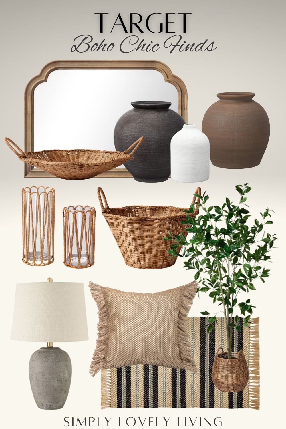 Target boho chic decor style. Modern boho mix. Living room decor finds. Outdoor rug. Throw pillow. Ceramic vases. Elegant baskets and wicker trays. Wicker decorative candle holders. Faux tree. Table lamp. #LTKfind #boho

#LTKHome #LTKSeasonal