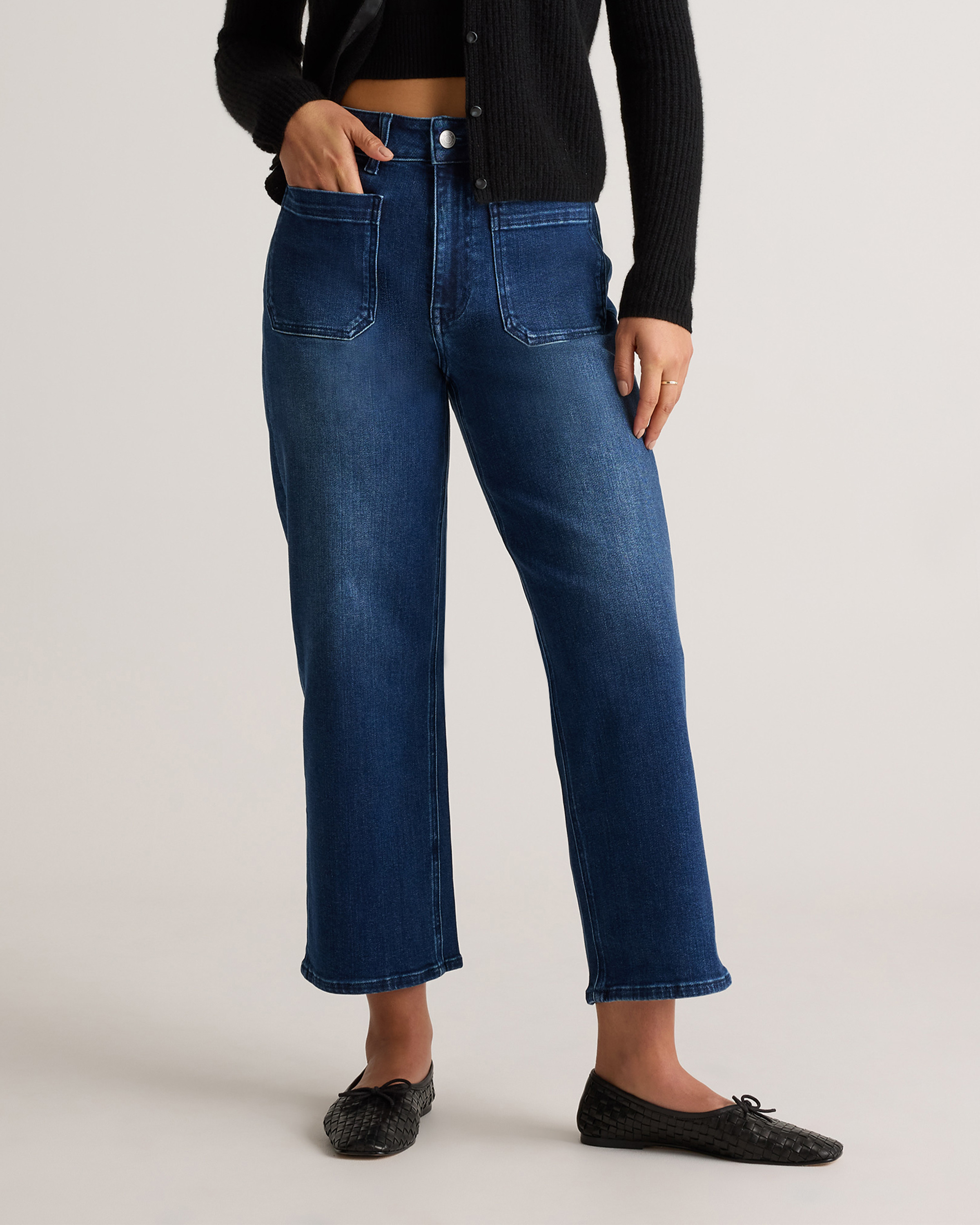 Quince | Women's Stretch High Rise Patch Pocket Wide Leg Jeans in Dark Wash, Size 24, Organic Cotton | Quince