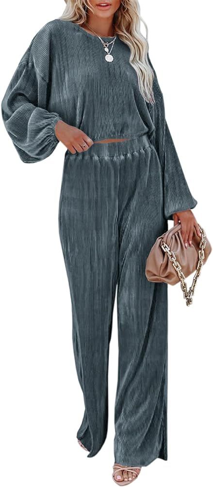 Onedreamer Women’s Causal 2 Piece Outfits Lounge Set Long Sleeve Pullover Tops and Wide Leg Pan... | Amazon (US)