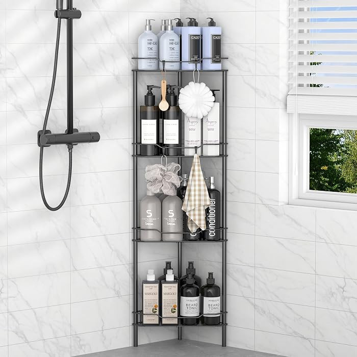 HuggieGems 4 Tier Floor Standing Corner Shower Caddy Organizer Shelf with Hooks, Bathroom Shelves... | Amazon (US)
