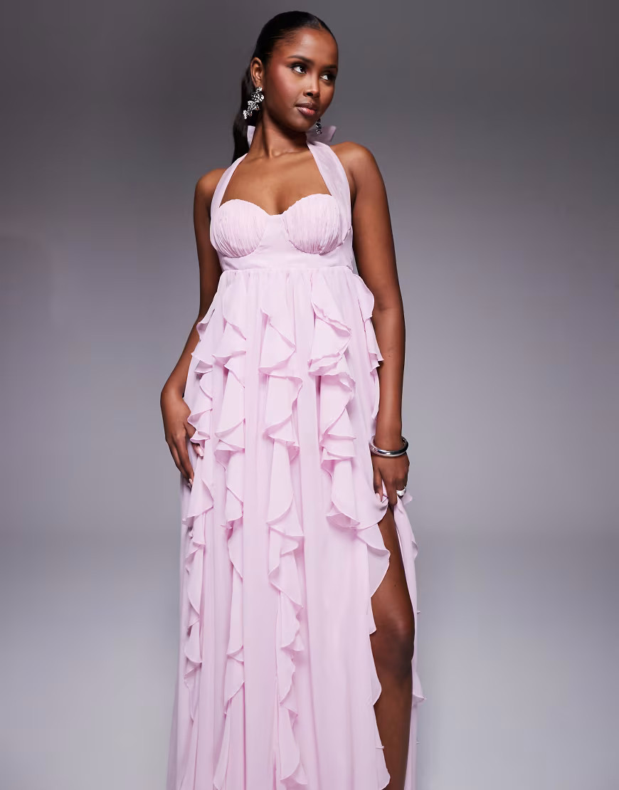 ASOS LUXE halter maxi dress with waterfall ruffles in lilac-Purple | ASOS (Global)