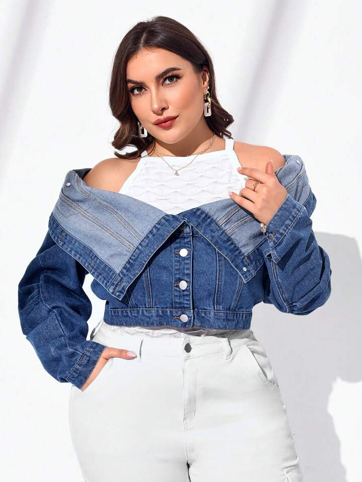 SHEIN Essnce Plus Size Off Shoulder Long Sleeve Button Up Oversized 100% Cotton Denim Jacket For ... | SHEIN