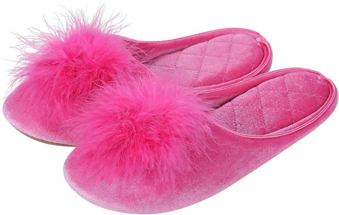 Evshine Women's Cozy Velvet Memory Foam House Slippers Feather Pom Pom House Shoes with Non Slip ... | Amazon (US)
