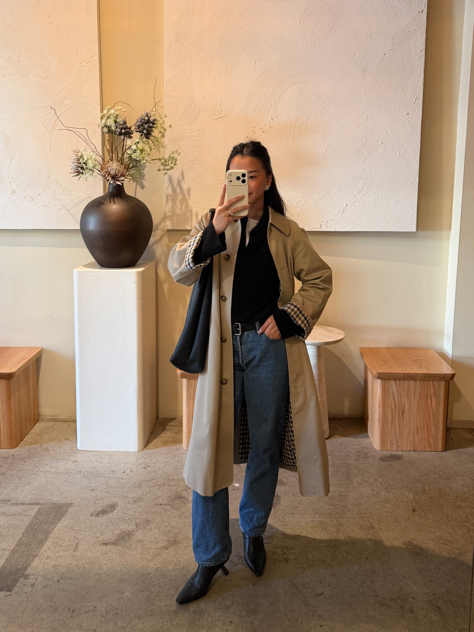 Basics styled with intention 
Sezane Clyde trench coat, size 2 US
Banana Republic cashmere polo sweater (linked similar)
Levi’s 501 90s
Aritzia black belt with silver buckle
Black booties with curved heel (linked similar)
Banana Republic black slouchy tote bag
Heaven Mayhem silver statement earrings


#LTKStyleTip #LTKWorkwear #LTKItBag