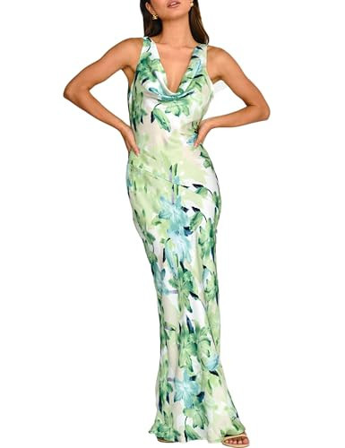 Women's 2026 Summer Satin Backless Elegant Dress for Wedding Guest Silk Sleeveless Cowl Neck Party Formal Maxi Dresses Green Floral | Amazon (US)