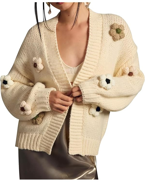 Cakulo Womens 2024 Cardigan Sweaters Fall Oversized Chunky 3D Flower Open Front Knit Cardigans Tr... | Amazon (US)
